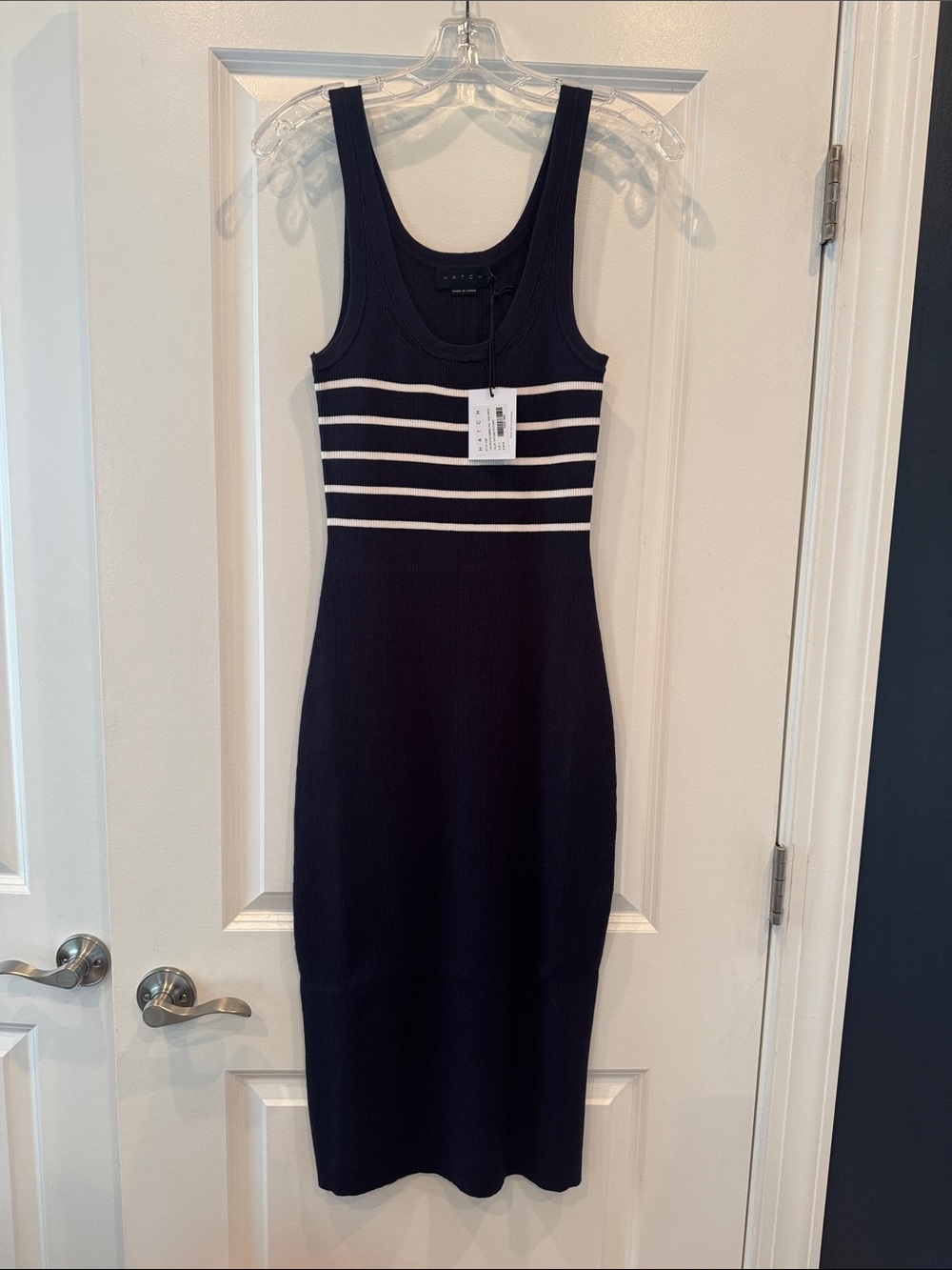 Hatch "The Kristen" Ribbed Navy Tank Midi Dress with White Stripes